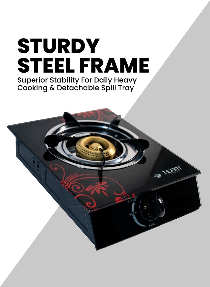 TEAM Glass Top Gas Stove Single Burner | Automatic Ignition | Low Gas Consumption | High‑Efficiency Steel Frame | LPG Gas Cooktop with Detachable  Cleaning Tray | Durable Glass Panel Stove - Image 4